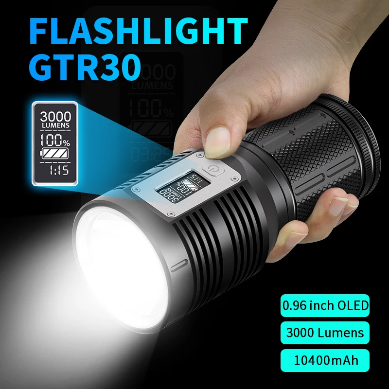 HNDGTYR Powerful Light Type- C Rechargeable Camping Lamp 3000 Lumens Flashlight OLED Digital Display Lantern 10400mAh Battery