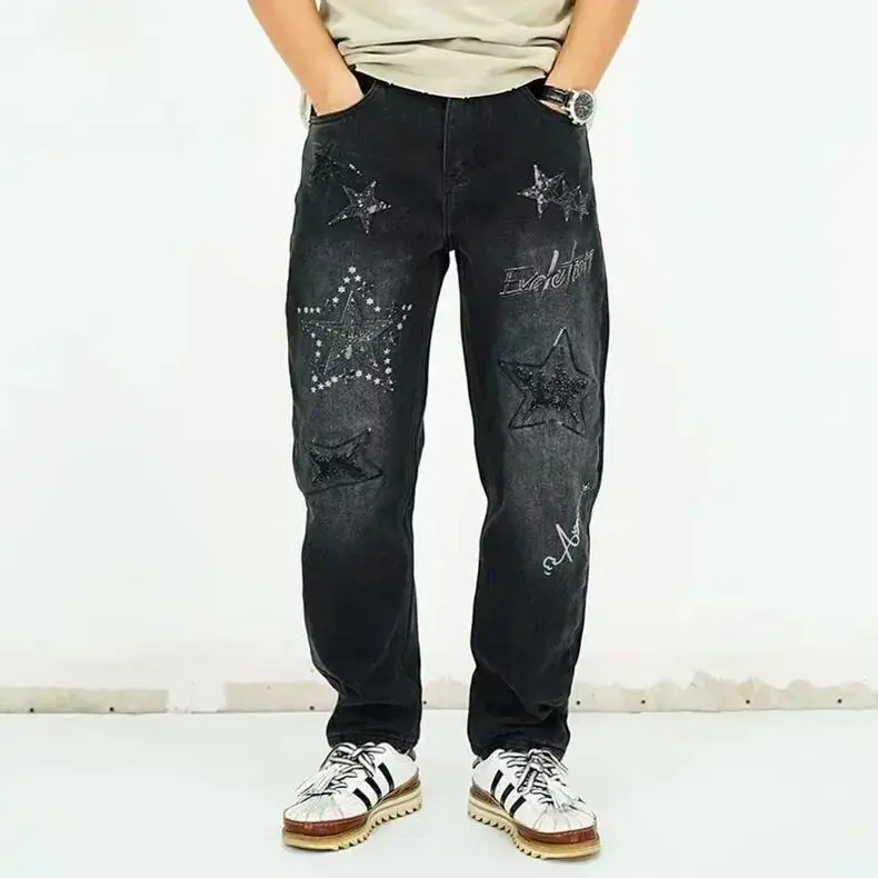 

Retro American Faded Micro Cone Jeans Men's Hotfix Print Design Straight Leg Casual Pants Trendy Brand Haome Loose Fit