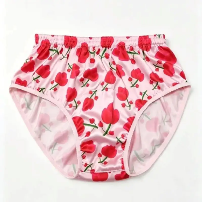 Men Sexy Satin Imitation Silk Triangle Briefs Women Floral Print Single Layer Panties Elastic Waist Soft Silky Couple Underwear