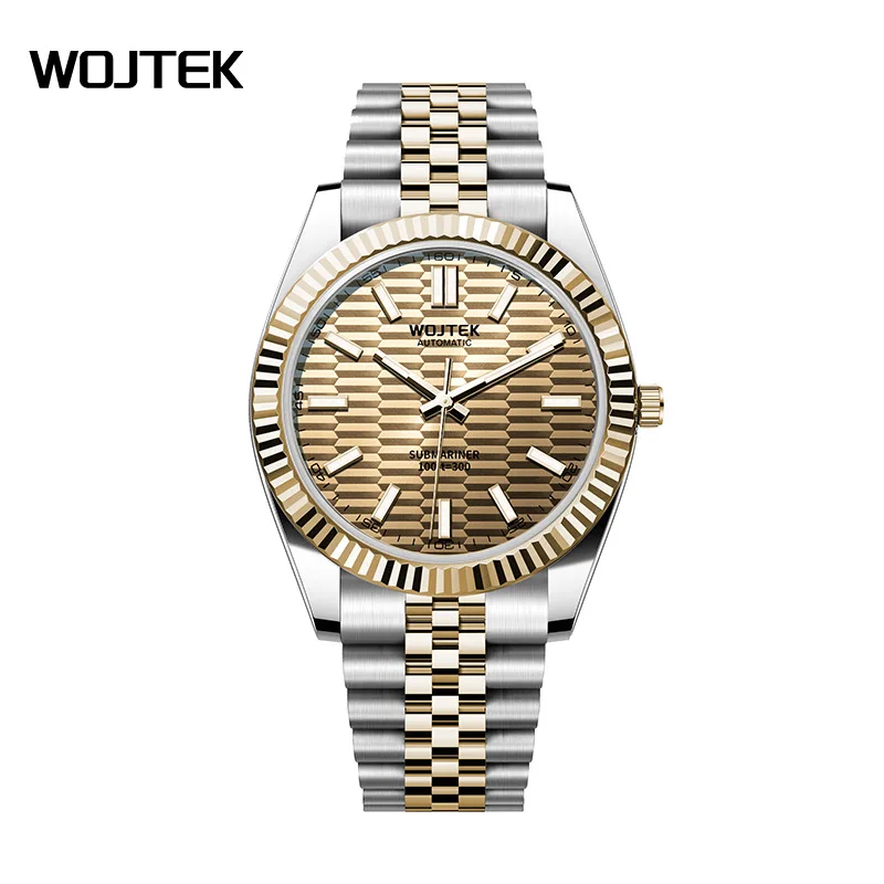 Luxury Automatic Mechanical Watch for Men Two-Tone Stainless Steel Band Fluted Bezel Textured Dial Business Casual Wristwatch
