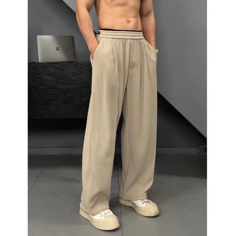 

Men's Beige Loose-Fit Wide-Leg Pants Elastic Waist Casual Daily Comfortable Oversized Trousers