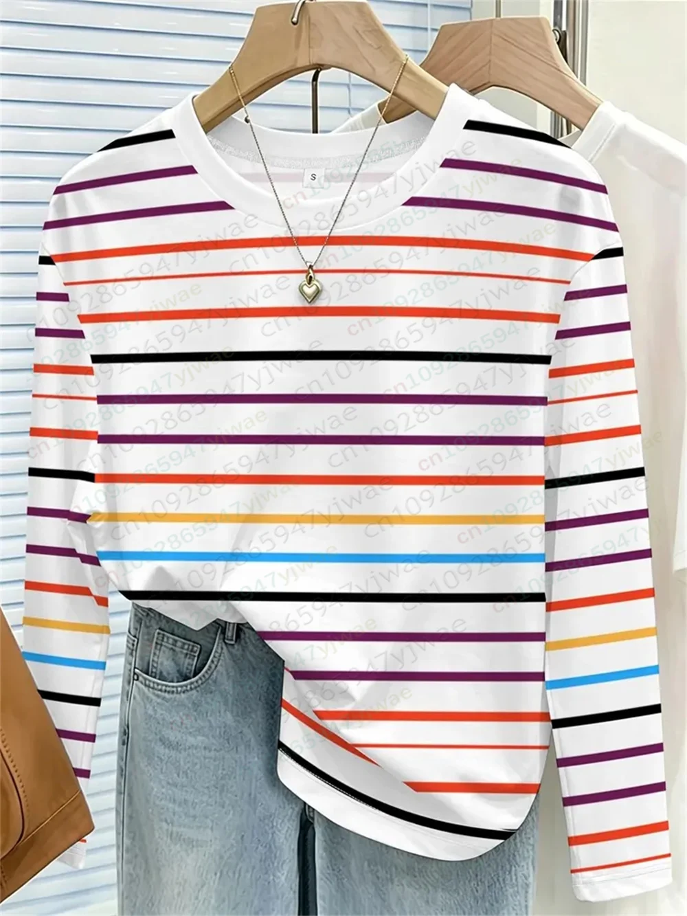 Herbstliches Damen-T-Shirt mit Herzmuster und Schleife, gestreift, lässig, langärmelig, Rundhalsausschnitt, locker geschnitten, atmungsaktiv, hochwertiges, vielseitiges T-Shirt – Detail 18