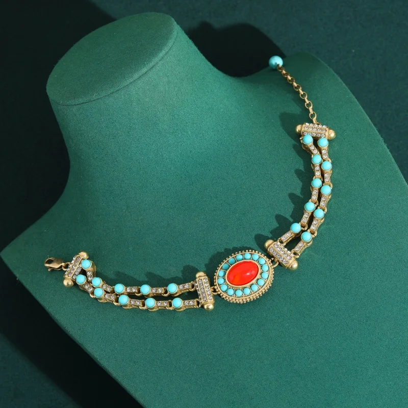 

Vintage Turquoise Bracelet Oval Blue Natural Stone Gold Color Rhinestone Woman Wrist Quality Engagement Banquet Jewelry 2026 New