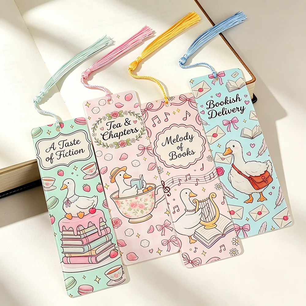 Cute White Duck Acrylic Bookmark with Silk Tassel Tea Book Page Marker Fiction Reading Accessory Book Lover Reader Gift