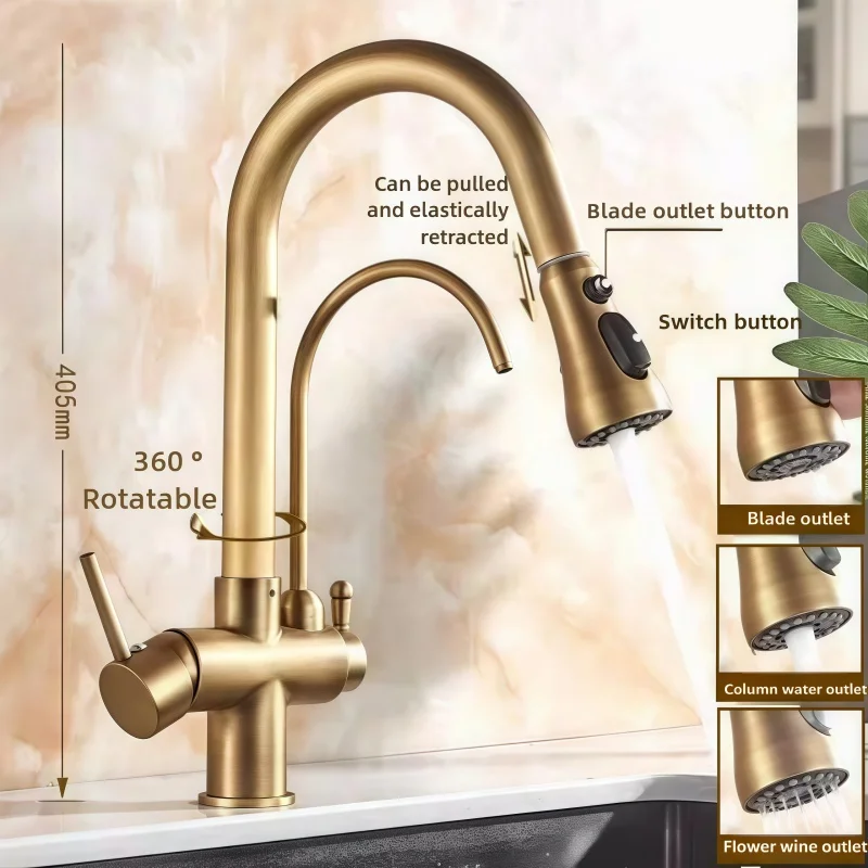 Полностью медный смеситель для чистой воды «три в одном» 2025 года — кухонный антикварный смеситель для накачки, идеально подходит для бытовой раковины и раковины для овощей, 360° °