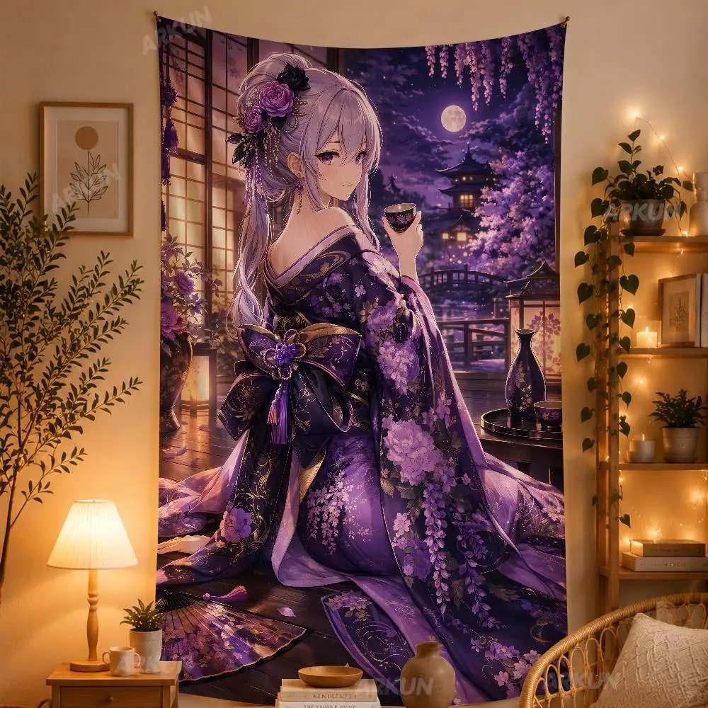 Cute Purple Kimono Anime Girl Tapestry, Moonlit Wisteria Night Japanese Scenery Traditional Oriental Aesthetic Wall Art Decor