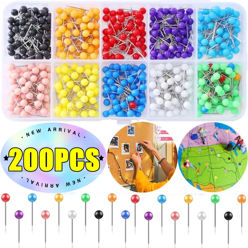 New 200PCS Color Beads Head Marking Push Pins Round Ball Head Push Pins Map Thumb Tacks Photo Bulletin Cork Board Wall DIY Craft