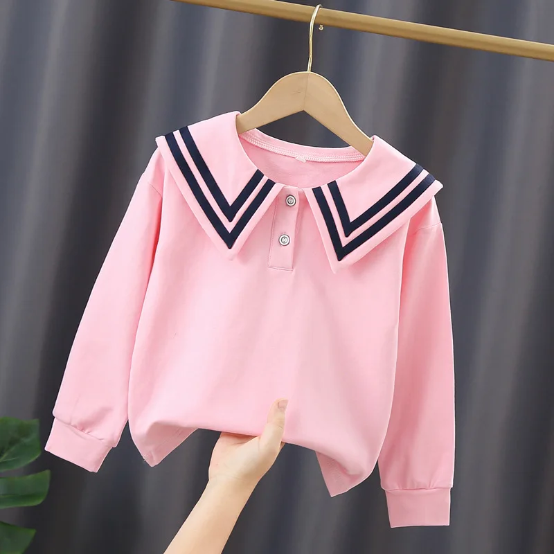 Girls Blouse Spring Autumn Long Sleeved Shirts for Kids Children\'s Princess T-shirts Teenager Navy Style Pullover School Clothes