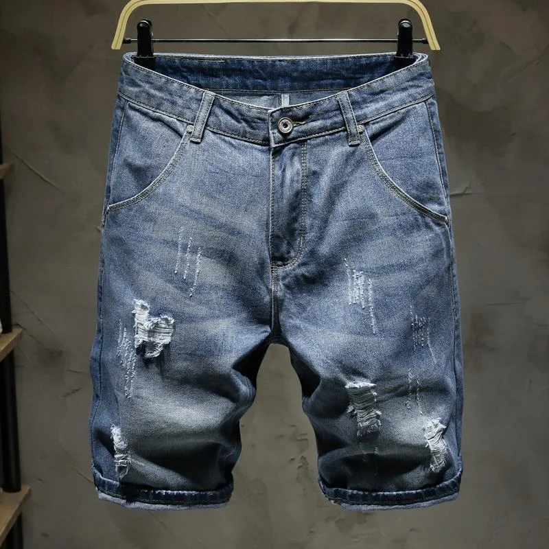 Straight Short Jeans Pants for Men Trend 2024 Y2k Thin Man Denim Shorts Wide Rude Korean Fashion Baggy Distressed Retro Designer