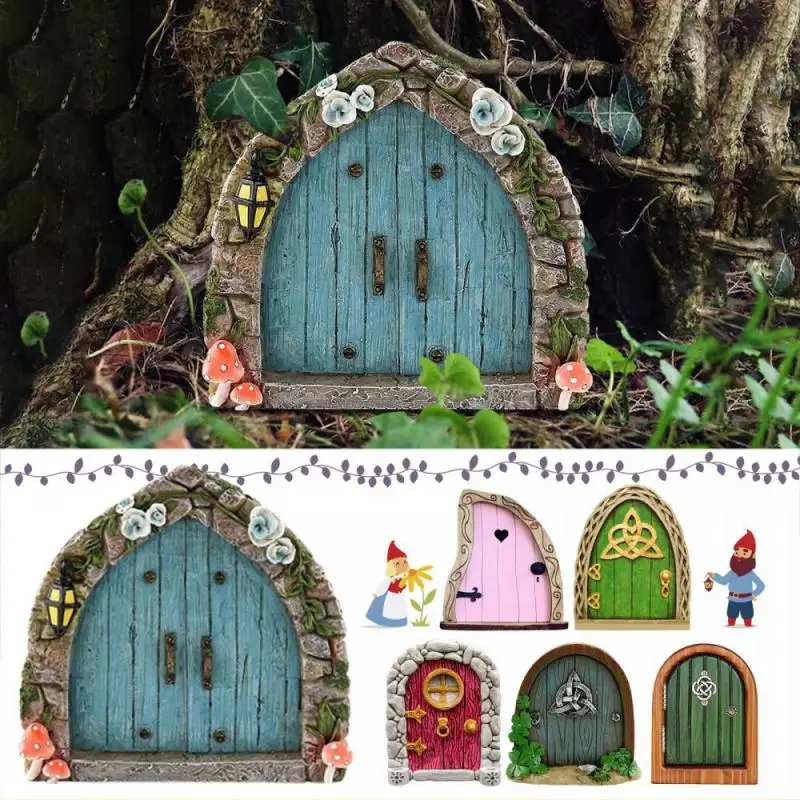 Fairy Gnome Door Miniature Figurines Elf Home Wooden Fairy Garden Window Door Art Tree Sculpture Statues Ornament Garden Decor