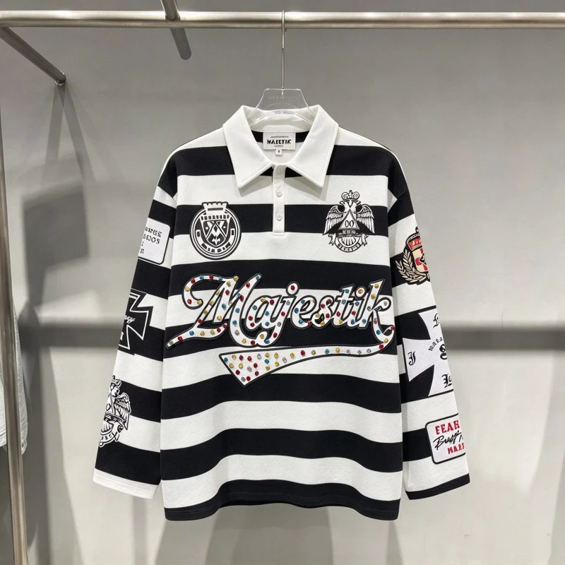 New Colorful Nail Bead Letter Black White Striped Polo Shirt MAJESTIK Long Sleeve Tshirt Men Women Lapel Pullover Streetwear