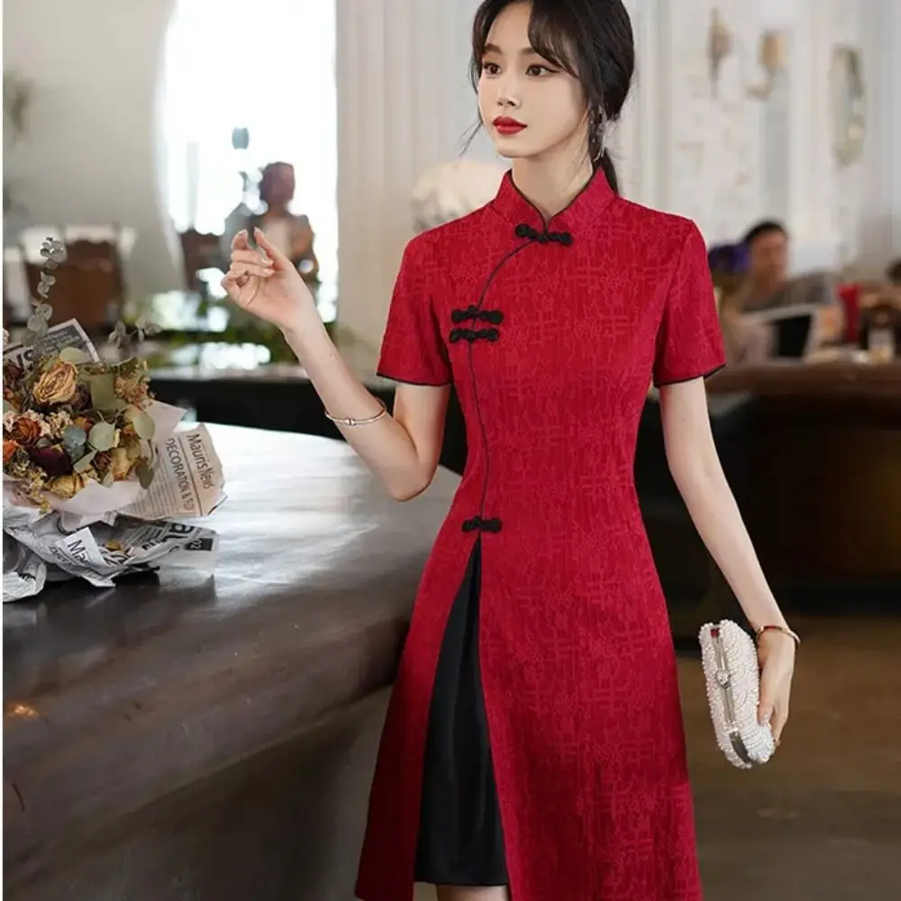 

Evening Party Dress Short Sleeve Qipao Dress China-Chic Vintage Traditional Chinese Dress Casual Long Fork Cheongsam Young Girls