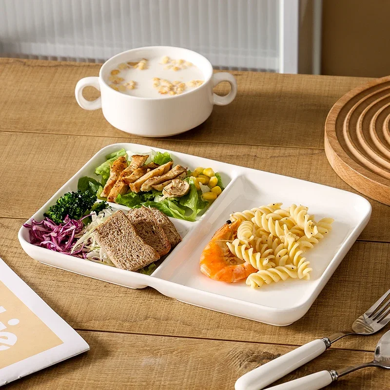 Ceramic Divided Dinner Plate Adult Student Cafeteria Fast Food Plate Children's Cutlery Dim Sum Three Grid Plate Painting Pla...