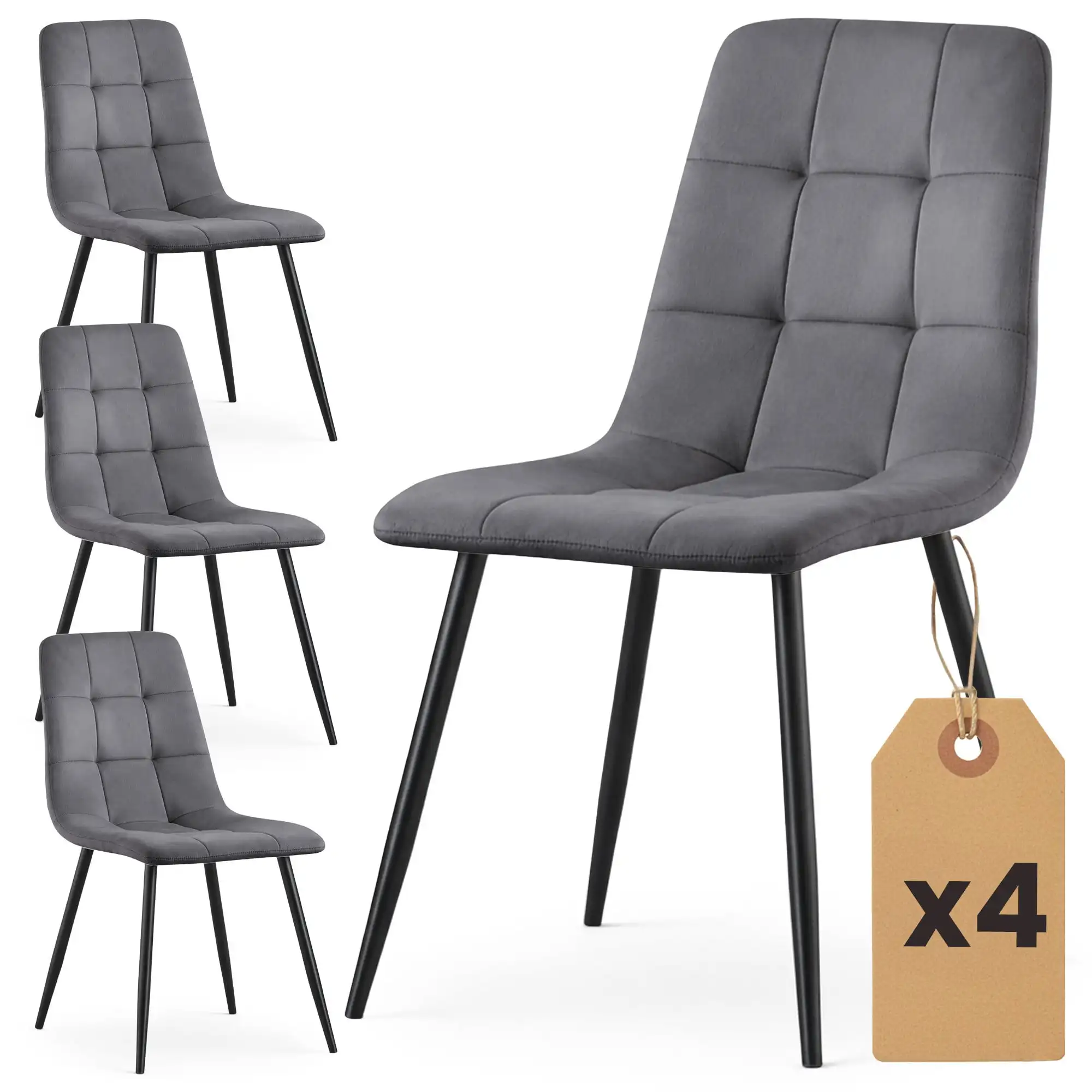 4x Chaise NERO rembourrée en velours matelassé gris anthracite, pieds noirs