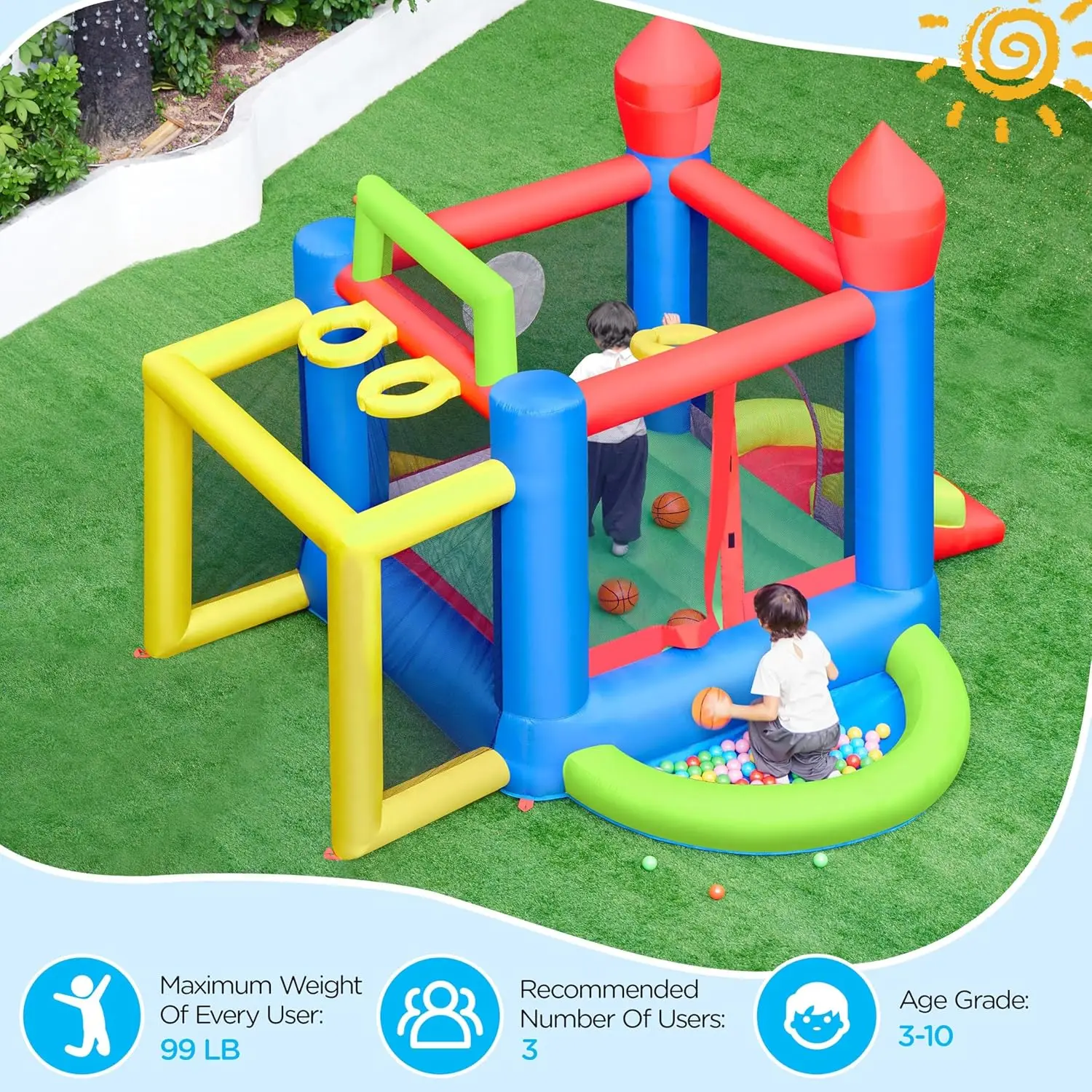 Inflatable Bounce House, 7-in-1 Castle Combo w/Ball Pit  3 Basketball Hoops  Soccer Goal  Dartboard  Slide