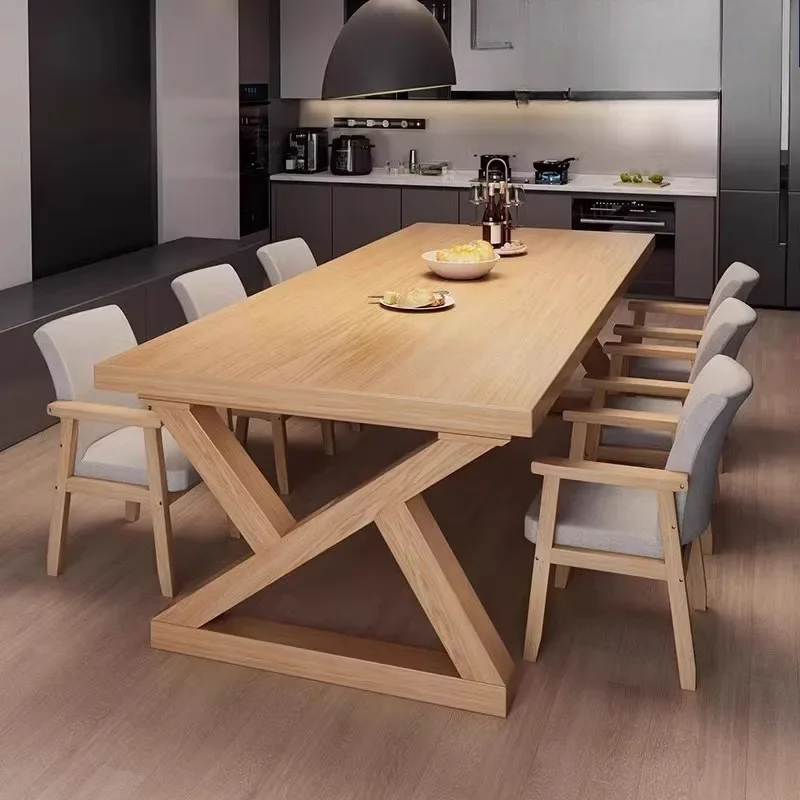 Table, living room dining table, log style household solid wood core long table, one table and six chairs combined dining table