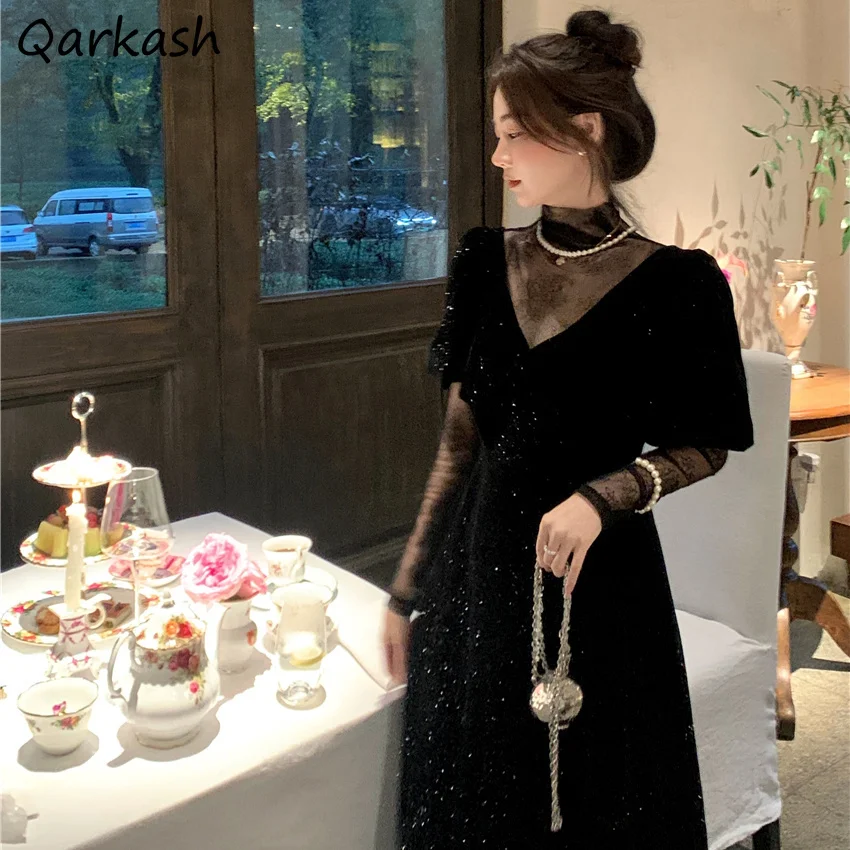 Black Temperament Lace Patchwork Dresses for Women Loose Long Sleeve Elegant Hepburn New Sweet A-line Party Streetwear Female