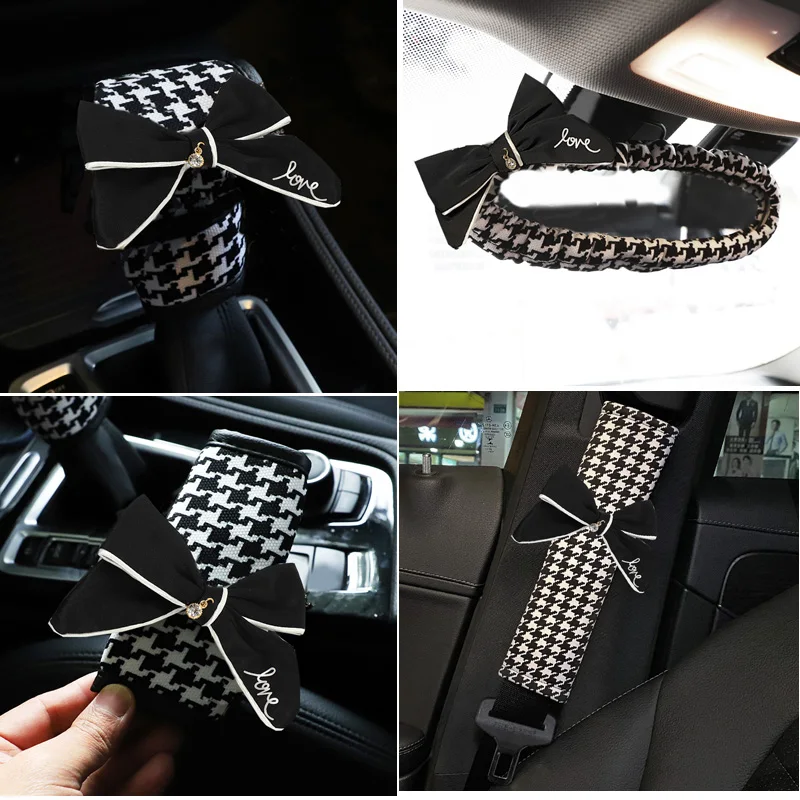 1pc Classic Plaid Bowknot Universal Car Gear Shifter Handbrake Cover Auto Seat Belt Case Car Interior Decor Accessories Women