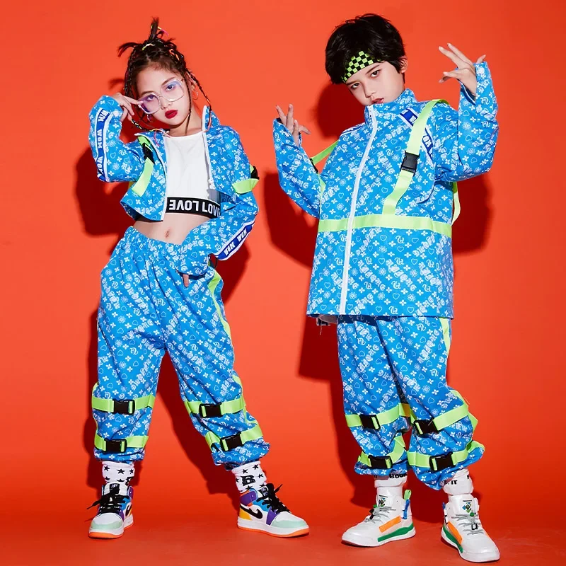 Girls Jazz Dance Tops Pants Blue Set Loose Street Dance Clothing For Boys Show Stage Outfit Wear Kids Hip hop Costume