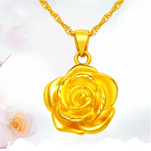 

Pure 14K Yellow Gold Rose Pendant Necklace Brilliant Pendant Real 18K Gold Chain for Women Fine Jewelry Christmas Gifts