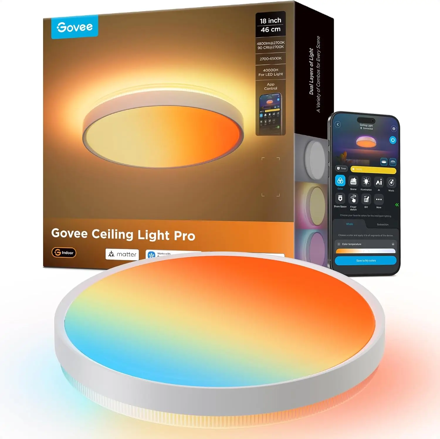 

18" 4800LM Smart Ceiling Light, RGBICWW, DIY Colors, Works with Alexa, Matter, 2700K-6500K