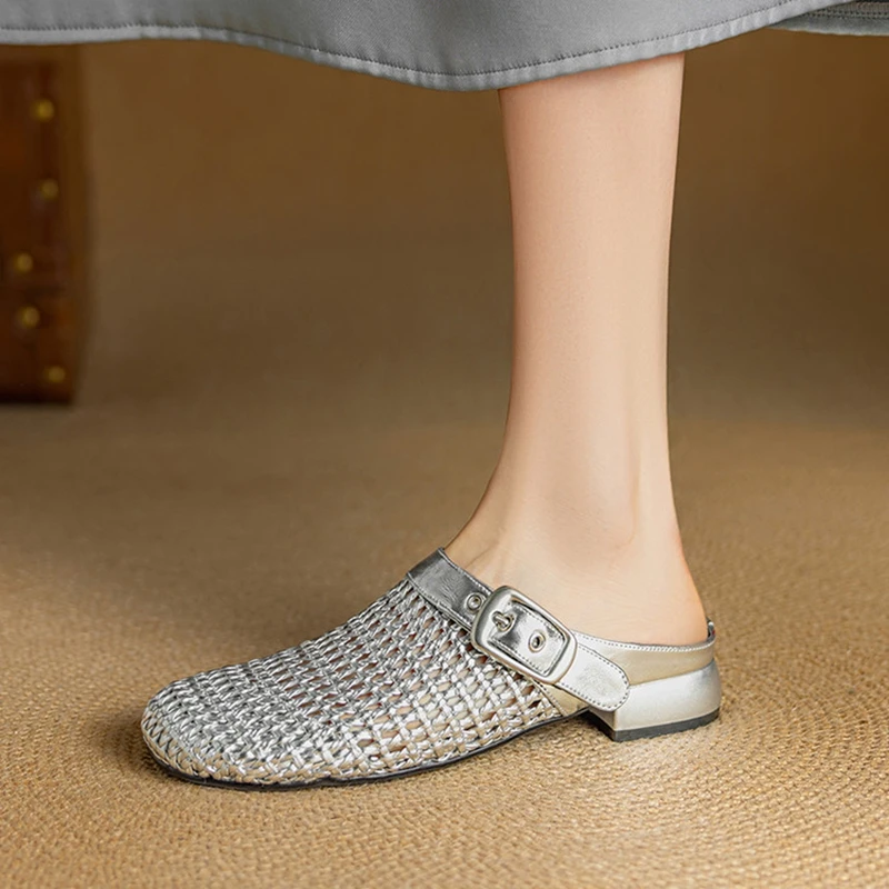 

NEW Summer Women Mules Split Leather Shoes Women Round Toe Chunky Heel Shoes Microfiber Weave Sandals Cover Toe Women Slippers