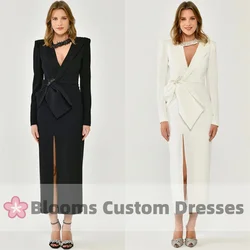 Customized Crystal Beads Long Sleeves Elegant Crepe Prom Dresses V-neck Sexy Evening Dress for Formal Occasion Straight Party