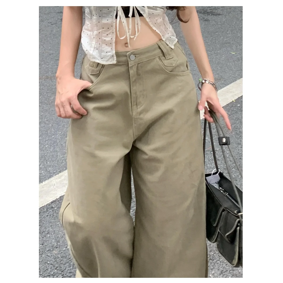 Retro High-Waisted Loose Wide-Leg Women's Pants Khaki Mopping Trousers Spring Autumn 90S Streetwear Straight Cargo Denim Pants