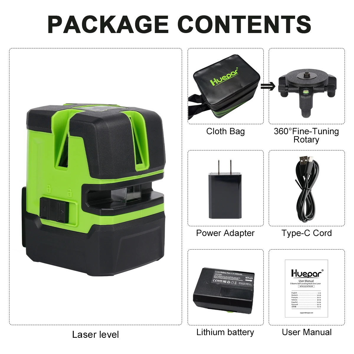 Huepar Laser Level Multi-line - Four Vertical & One Horizontal Cross Lines Laser Green Beam Self-leveling Tool With Plumb Dot
