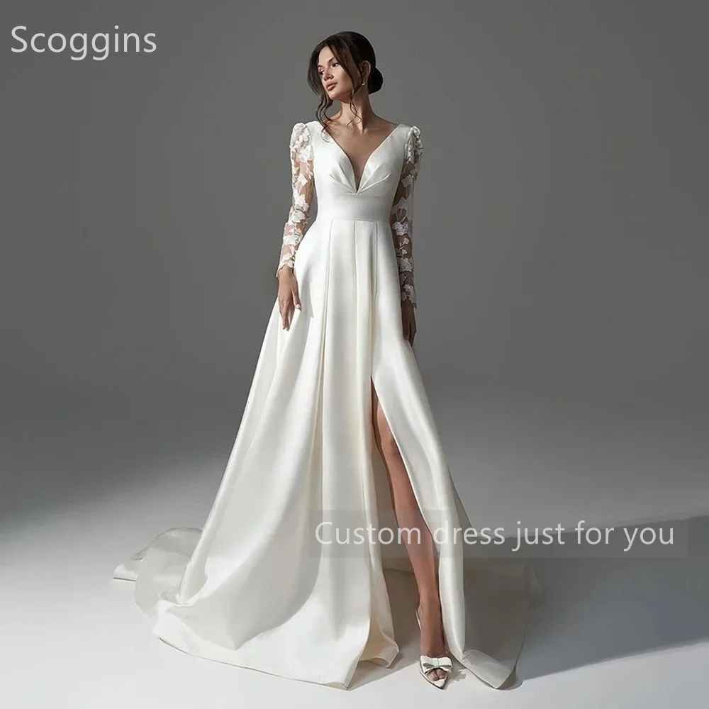 Scoggins  فساتين سهرة Customize Evening Dress A-Line Dubai Luxury V-Neck Floor-Length Long Sleeves Zipper Up Wedding Dress