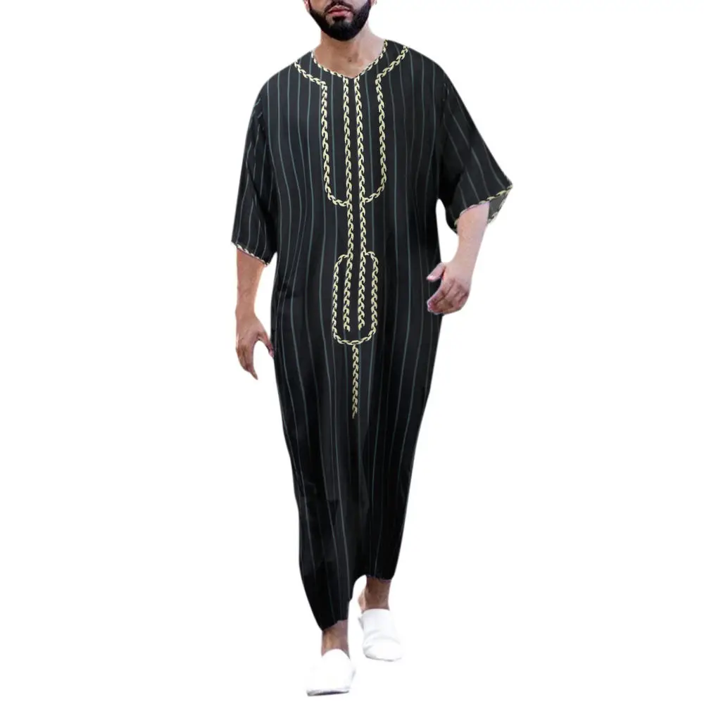 New Mens Cotton Blend Robe V Neck Jumpsuit Casual Loose Mid Sleeve Solid Color Ethnic Style Comfortable Summer Apparel Wear