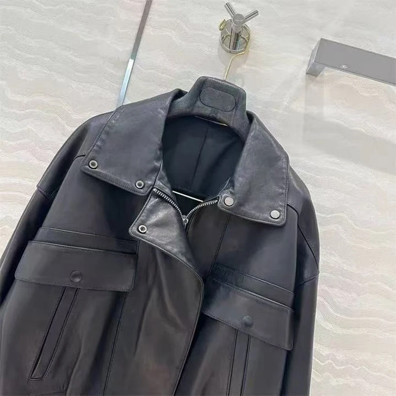 Neue Mode Leder Jacke für Frauen Echtem Schaffell Retro Lose Silhouette Kurzen Mantel Große Taschen Casaco Inverno Feminino