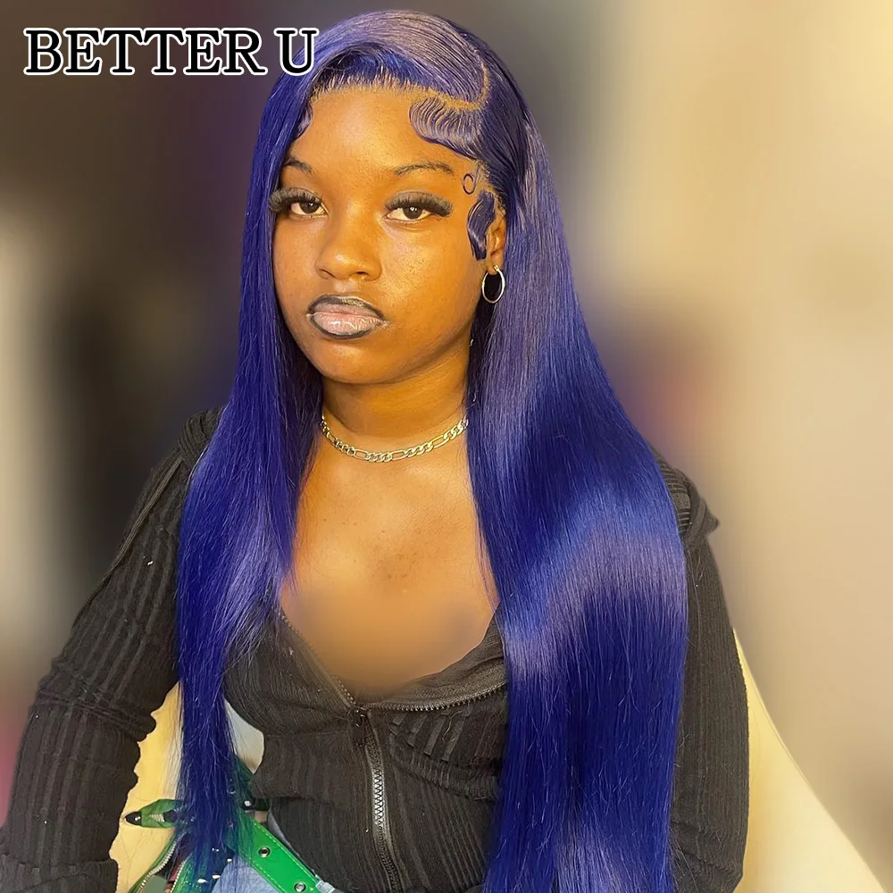 

Dark Blue Human Hair straight 13X6 Lace Front Pre-Stretched Wig Transparent Lace Front Wig 13x4 High Gloss Wig 250 Density