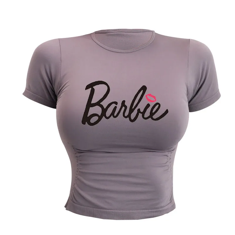 European American Cartoon Barbie Yoga Waist Short Sleeve Women's Sexy Slim Elastic Casual Versatile Fitness Sports Top T-Shirt