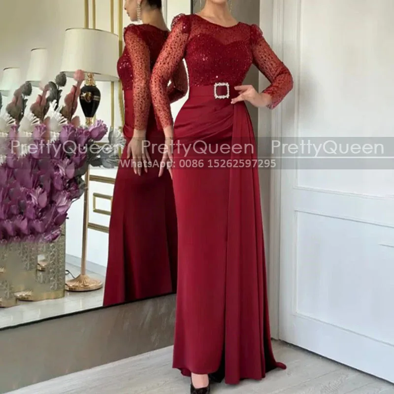 Red Sequins Sheath Prom Dresses Sheer Neck Long Sleeves Mermaid Waistline Cap Customized Reception Dress Party For Women