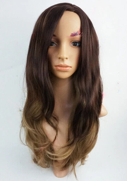 

Chocolate Brown Blonde Mix Long Wavy Synthetic Natural Look Wigs