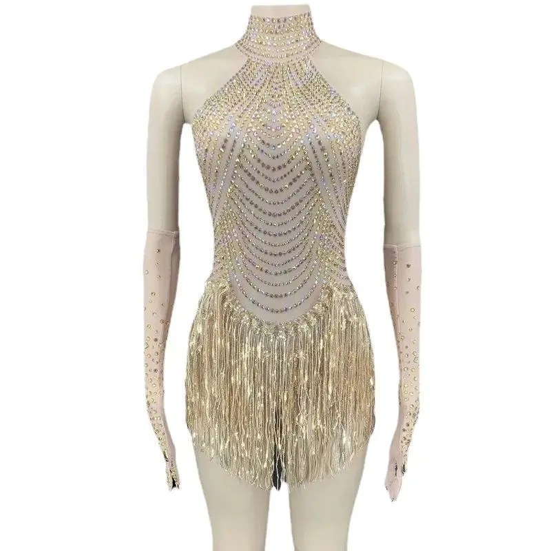 Fato de dança com franjas de strass brilhantes para mulheres, perspectiva de malha collant de cristal sexy para cantora e bailarina, roupa para festa