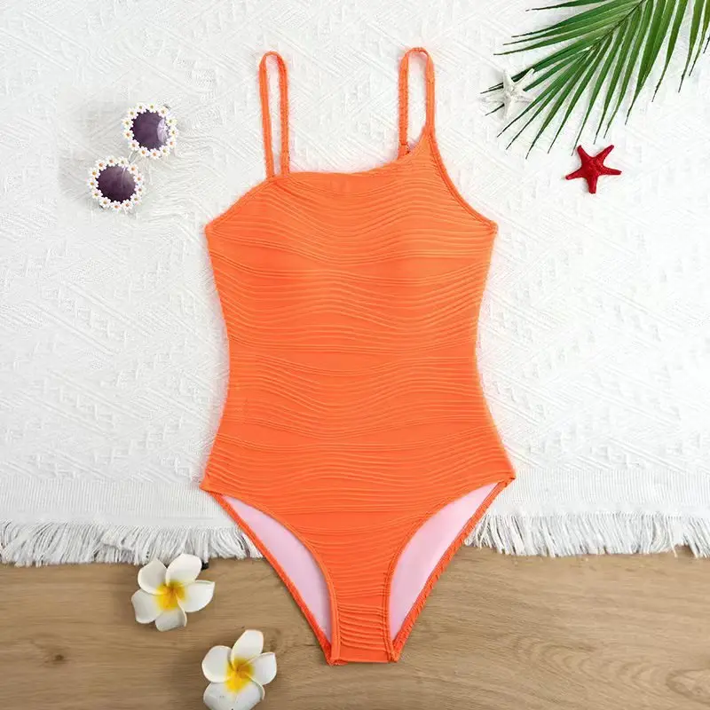 

2026 Girls Strappy Swimsuit One Piece Solid Kids Swimwear Orange Children Swimming Bathing Swim Suit Beachwear