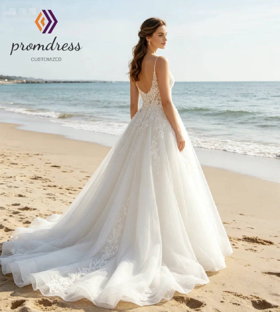 Spaghetti Strap Beach Wedding Dress 2026 Elegant Princess Lace Flowy Tulle Destination Bridal Gowns Elopement Tropical Bride