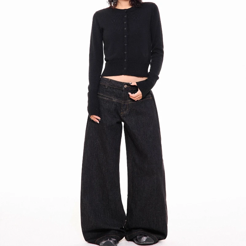 American Retro Design Black Women's Jeans 2025 Autumn New Sweet Cool Loose Versatile Slimming Wide-Leg Trousers Ladies