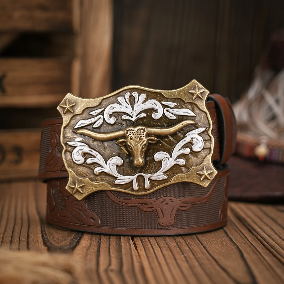 Men - Women - Western Denim - pu leather - Belt - Vintage jeans with floral carved buckle belt