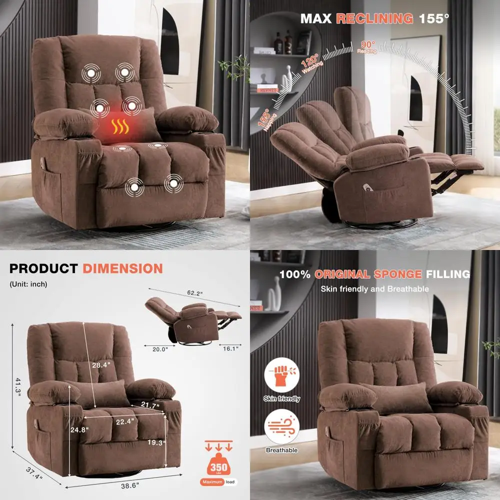 Massage Swivel Recliner Chair with Vibration Massage and Lumbar Heating for Adults,Oversized Rocker Recliner Single Sofa with Si