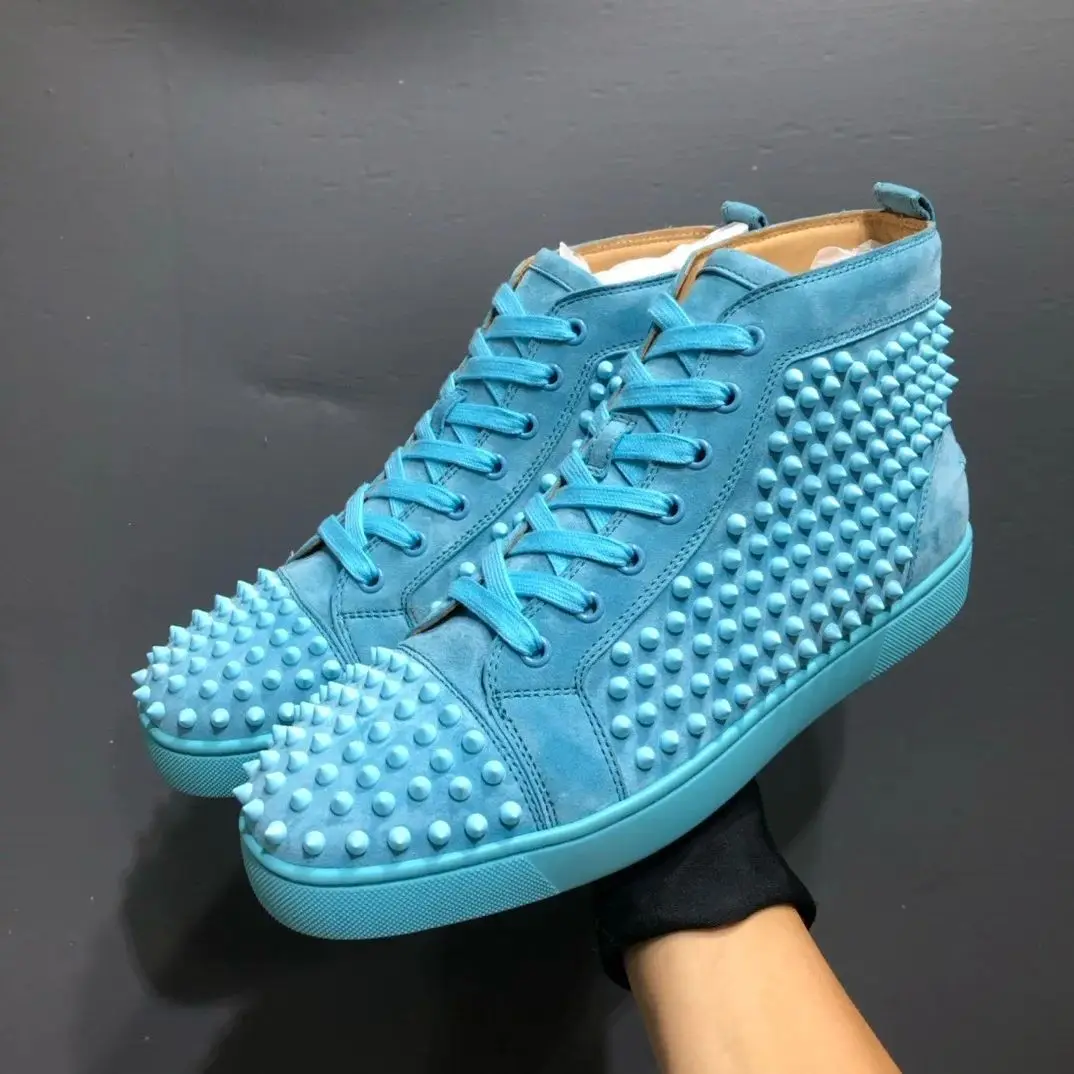 

Luxury High Top Men's Rivets Casual Shoes Flats Lace Up Footwear Sneakers Blue Suede Leather Couple Red Bottom Shoes For Men