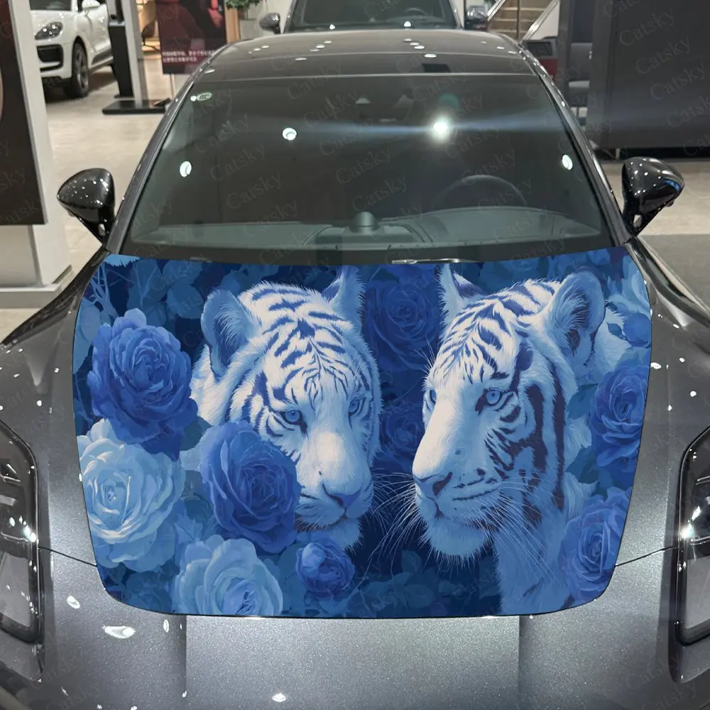 White Tiger Blue Rose Clusters car Hood Wrap Color Vinyl Sticker Truck Graphic Bonnet Auto Accessories Decor Protect Decal Gift