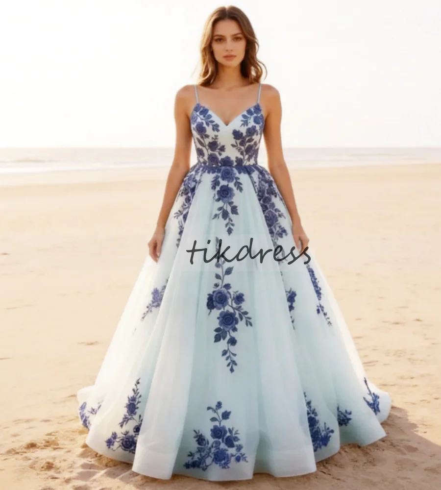 Bohemian Ice Blue Gothic Wedding Dresses 2026 Sexy Spaghetti Strap Destination Beach Bridal Gown ALine Tulle Lace 3D Rose Flower
