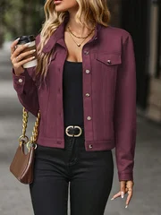 سترة نسائية كبيرة الحجم بلون سادة وأنيقة بأكمام طويلة وأزرار - نسيج من جلد الغزال الصناعي الناعم المطاطي، ياقة واقفة مع جيوب على الصدر #3