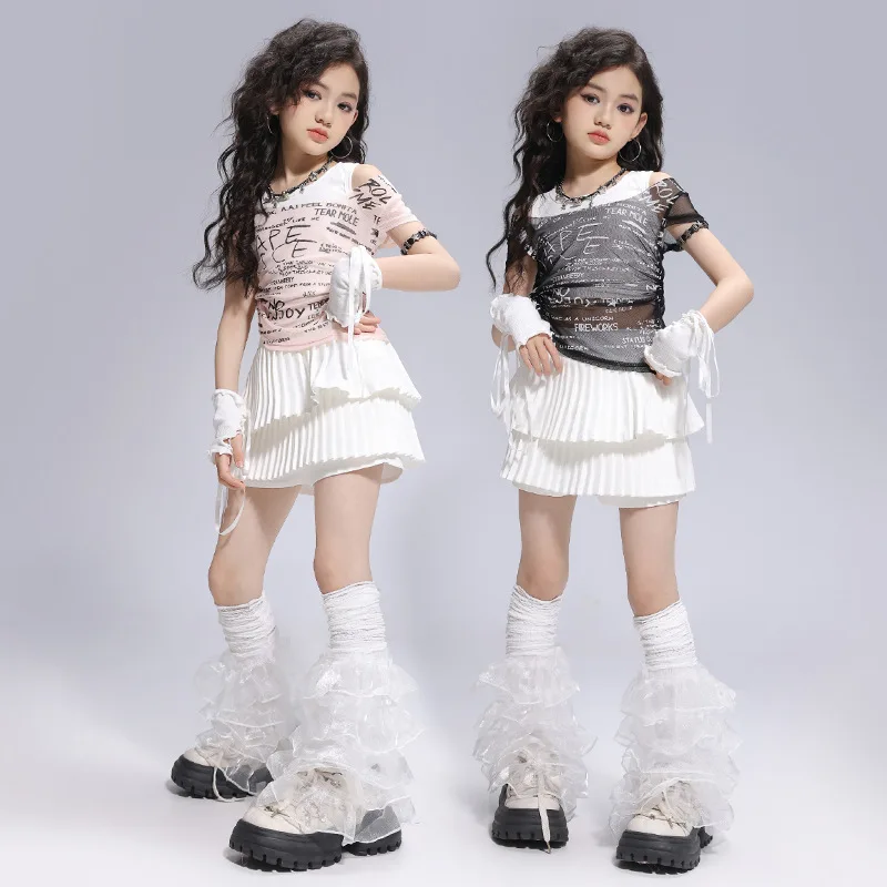 طفل Kpop الهيب هوب الملابس خطابات طباعة شاش شفاف تي شيرت أبيض الطبقات مطوي تنورة لفتاة ملابس رقص الجاز الملابس #2