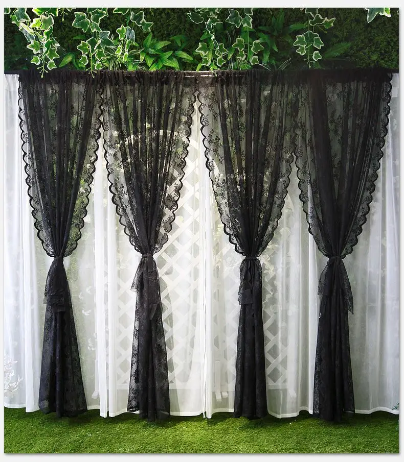 French retro black lace curtains embroidered tulle jacquard hollowed out curtains for living room kitchen partition window