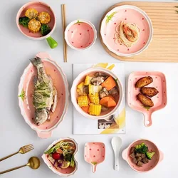 Strawberry Ceramic Bowl Household Tableware Set High Colorful Bowl Dish Plate Combination Lovely Rice Bowl