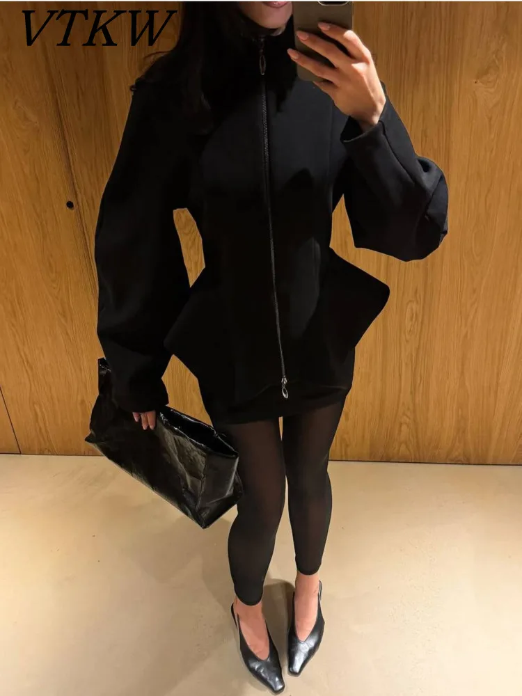 

VTKW 2026 New Women Stand Collar Zip Up Jacket Peplum Hem Puff Sleeve Slim Fit Long Sleeve Elegant Outerwear Top